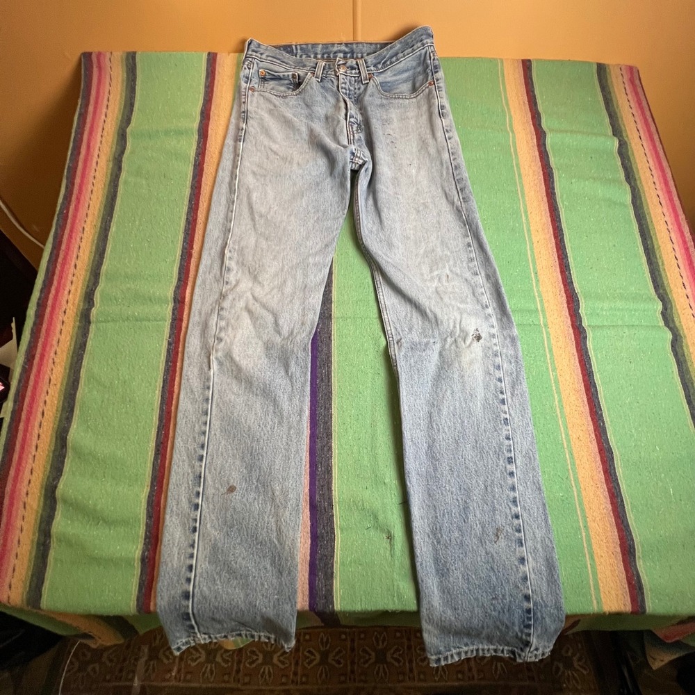 Levis 505 Jeans Mens W32 L36 Light Blue Straight Leg Distressed Denim